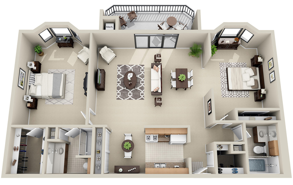 2 Bedroom 2 Bath Split <br>(3 Layouts Available)