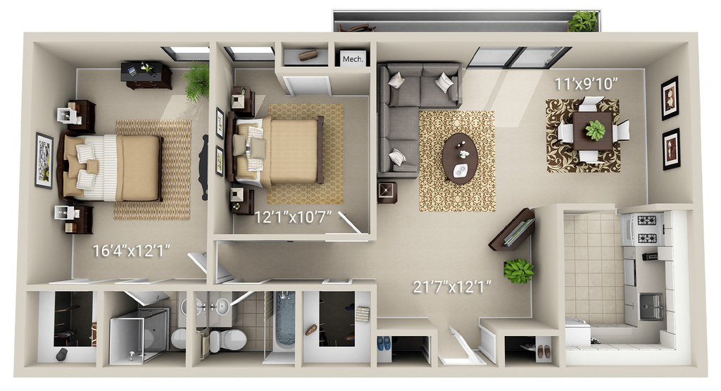 2 Bedroom 2 Bath (2D) <br>(2 Layouts Available)