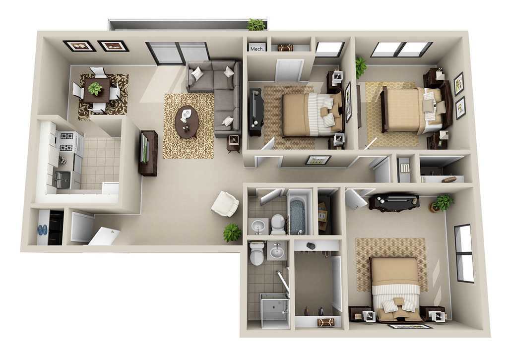 3 Bedrooms 2 Bath (3D)