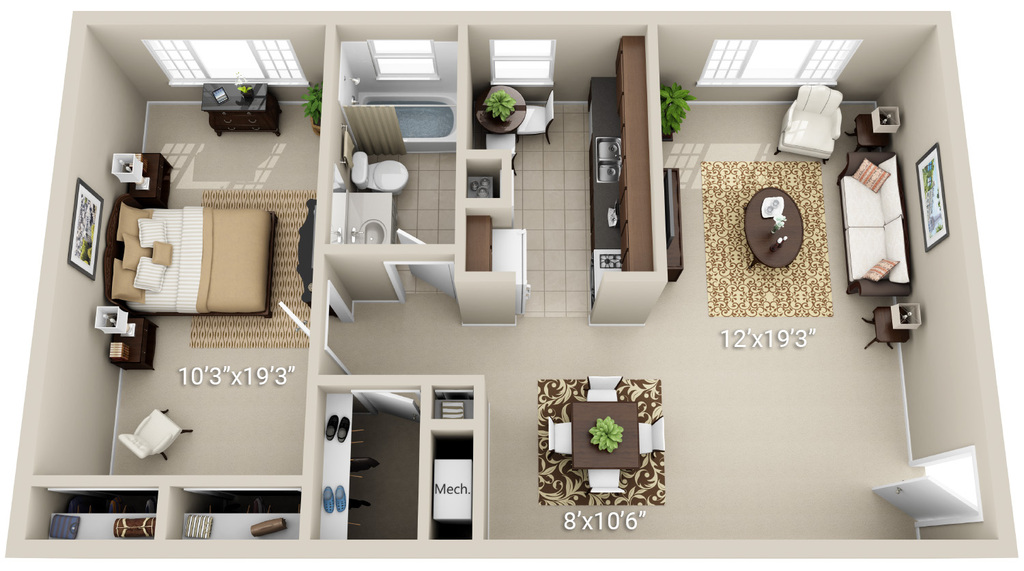 1 Bedroom 1 Bath (Garden, 2 layouts available)
