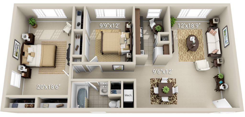 2 Bedroom 1 Bath (Garden, 2 Layouts Available)