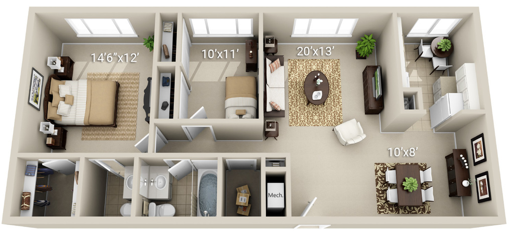 2 Bedroom 1.5 Bath (3 Layouts Available)