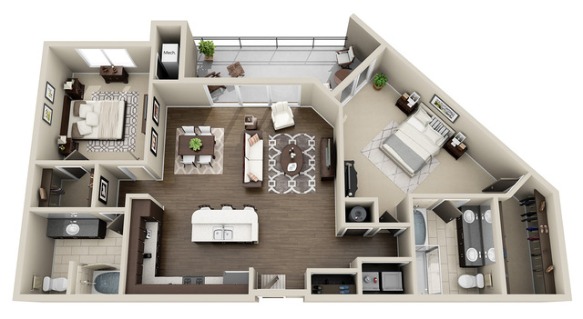2 Bedroom 2 Bath Split <br>(2 layouts available)