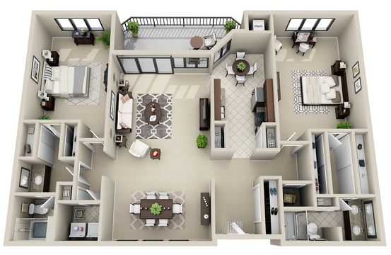 2 Bedroom 2 Bath Split<br>(2 Layouts Available)