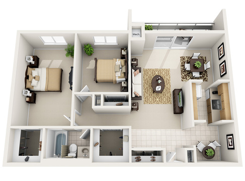 2 Bed 1 Bath (4 Layouts Available)