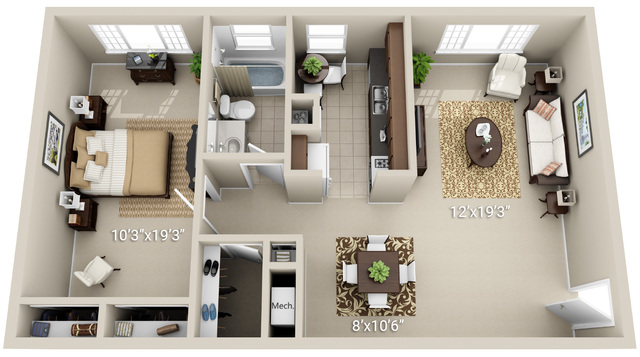 1 Bedroom 1 Bath (Garden, 2 layouts available)