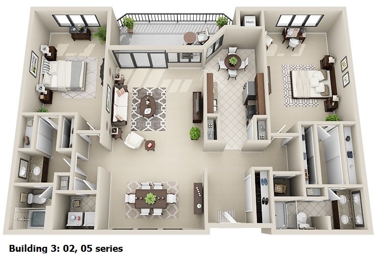 2 Bedroom 2 Bath Split <br>(2 layouts available)